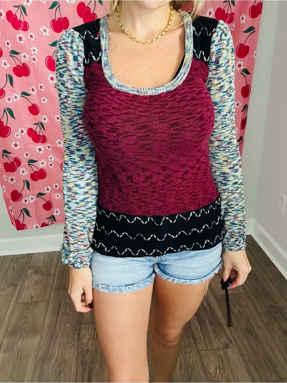 BKE Mixed-Print Scoop Neck Sweatshirt in Berry, Black and Multi